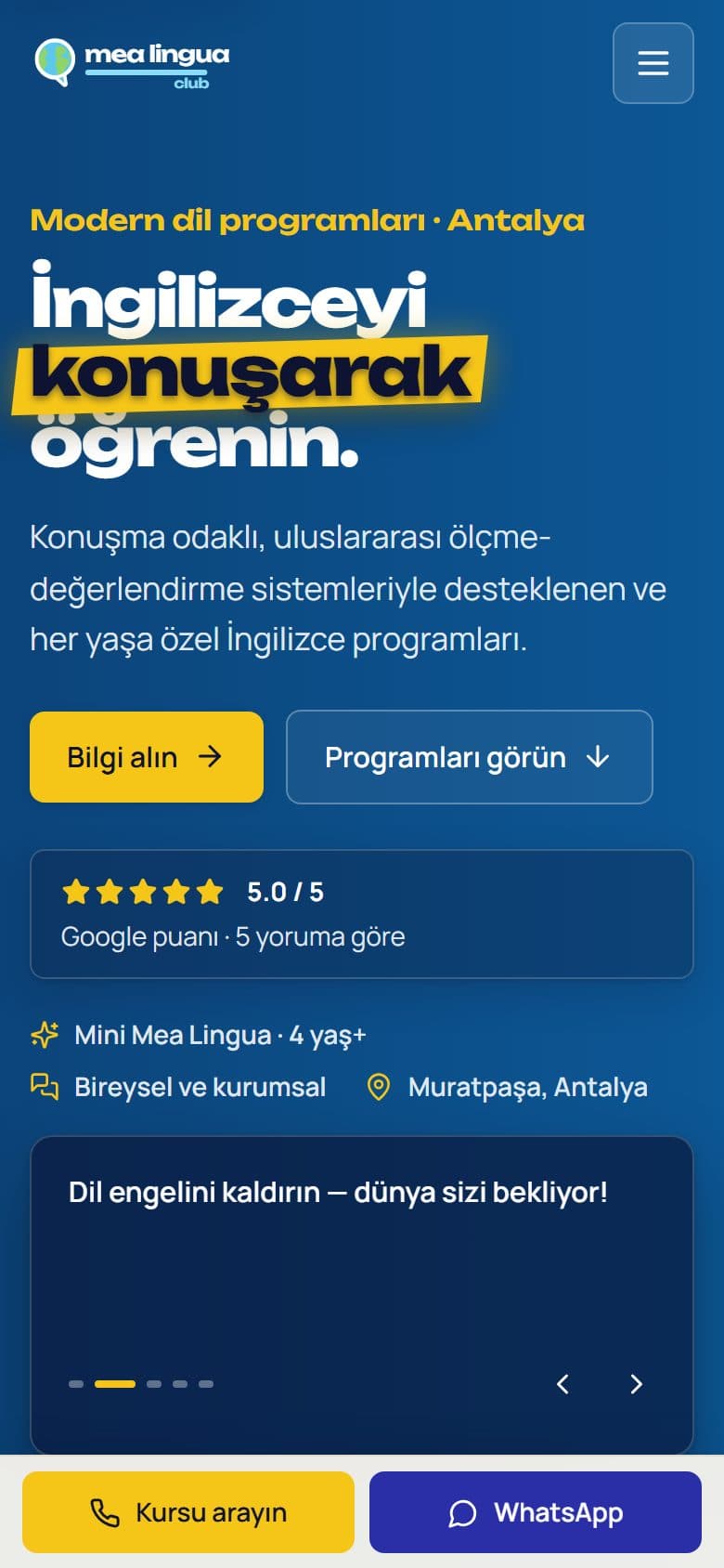 Mea Lingua Club sitesi, mobil